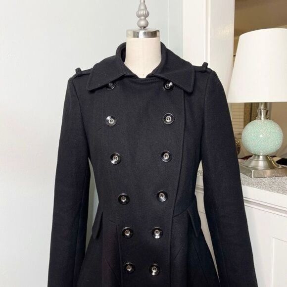 Via Spiga Black Wool Fit & Flare Skating Peacoat Dressy Winter Pea Coat XS 2 - Picture 4 of 10